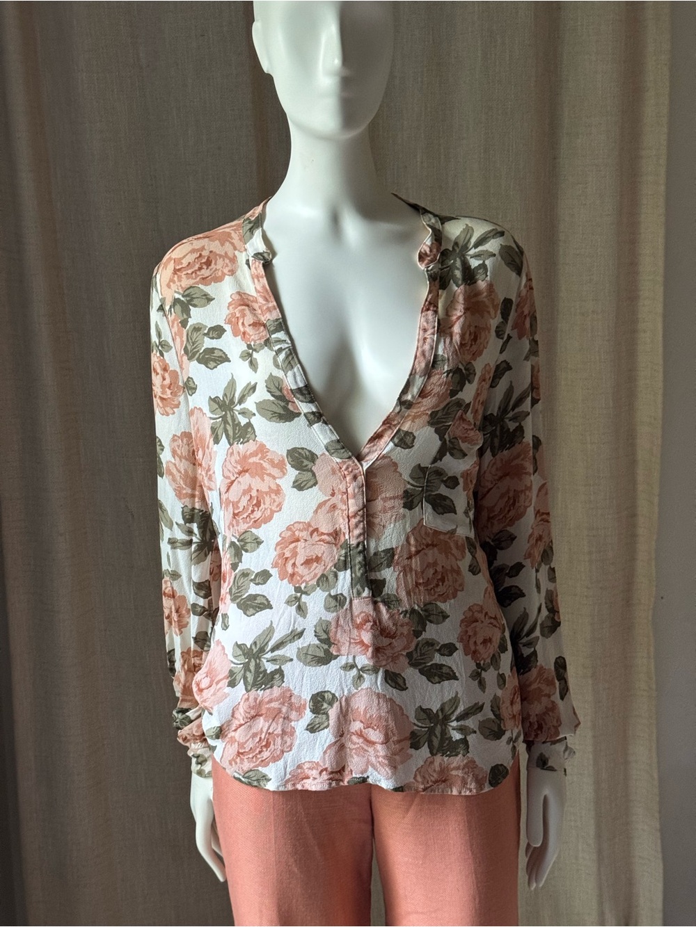 Reformation Peach Floral V-Neck Blouse on Cream